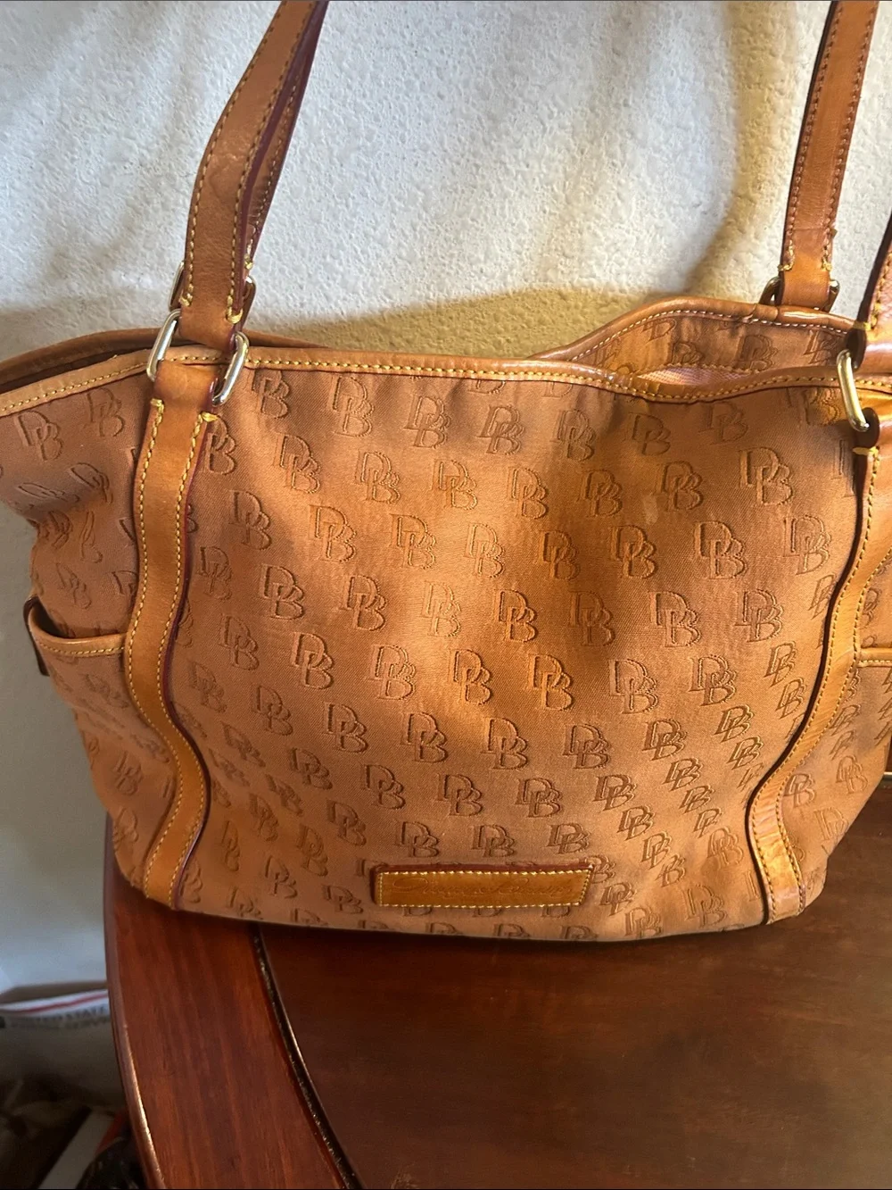 Dooney & Bourke Tan Shoulder Tote with Signature DB Pattern